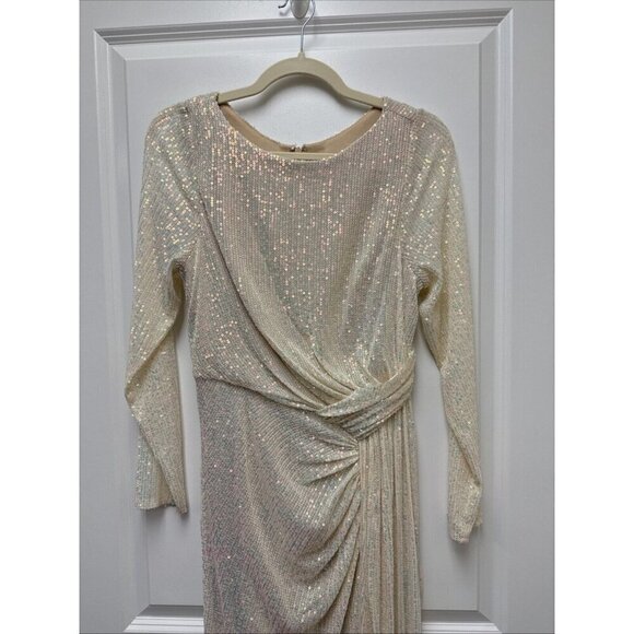 Mac Duggal Size 6 Cream 26715 Sequined Ruched Long Sleeve Formal Gown Dress New - Picture 6 of 11